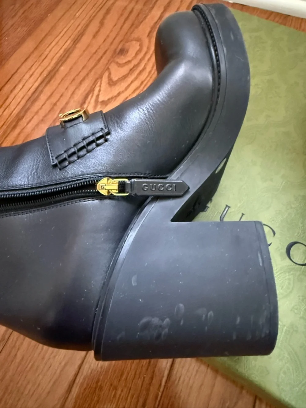 Gucci Black Leather Ankle Boots with Gold Logo Strap - Picture 7 of 9